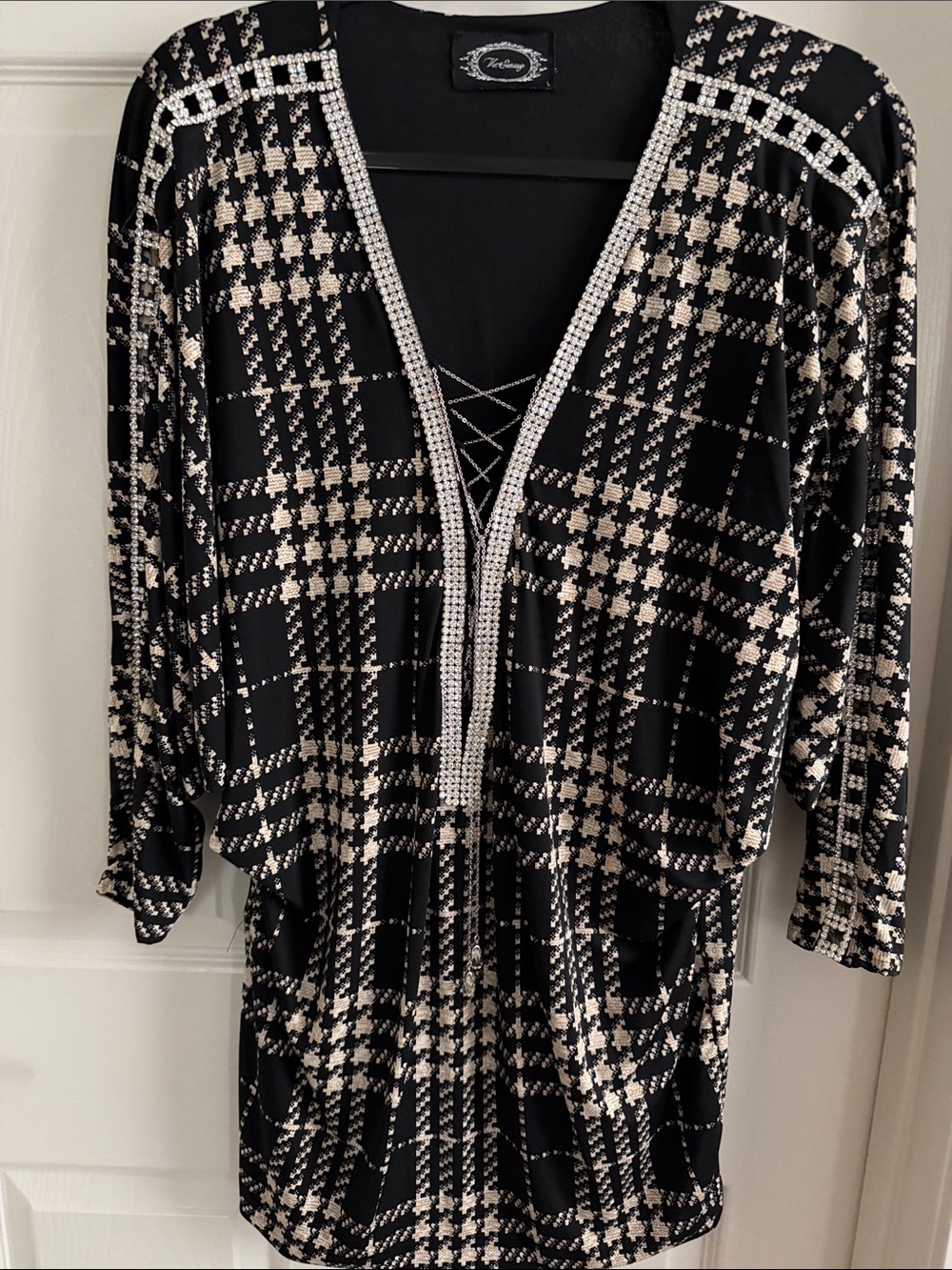 Designer Dress from Las Vegas. Black and Cream Plaid Mini Dress with Rhinestone